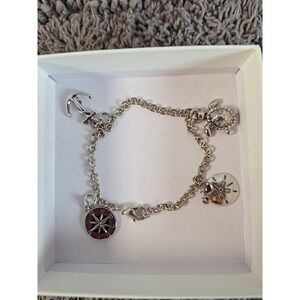 Nautical Charm Bracelet Sterling Silver Plated 7" Long Coastal Beachy‎